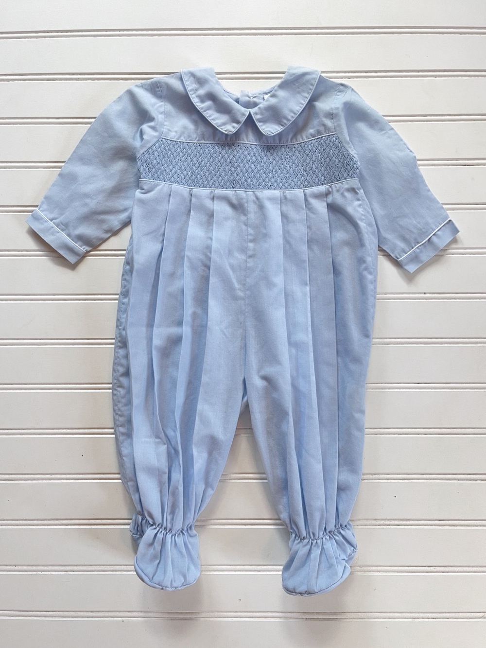 ROYAL CHILD EUC Boys Hand Smocked Powder Blue Peter Pan Collar Footie Romper